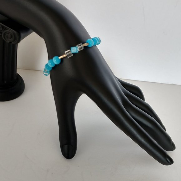 Aqua Blue Beaded Bracelet with Banded Agate Beads Handmade 8 inches - Picture 16 of 16